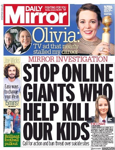 Daily Mirror Newspaper Front Page (UK) for 28 January 2019
