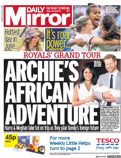 Daily Mirror Newspaper Front Page (UK) for 28 June 2019