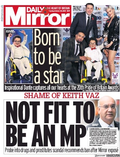 Daily Mirror Newspaper Front Page (UK) for 29 October 2019