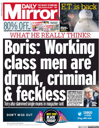 Daily Mirror Newspaper Front Page (UK) for 29 November 2019