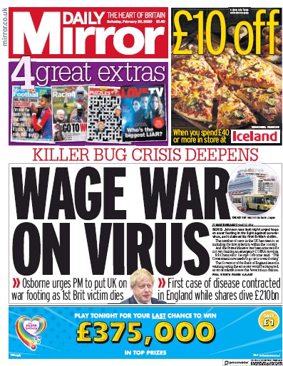 Daily Mirror Newspaper Front Page (UK) for 29 February 2020