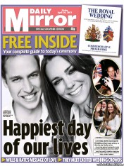 Daily Mirror Newspaper Front Page (UK) for 29 April 2011
