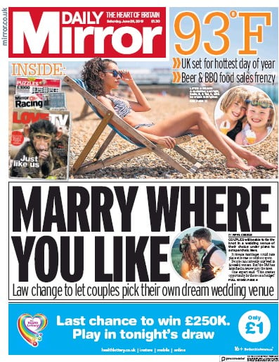Daily Mirror Newspaper Front Page (UK) for 29 June 2019