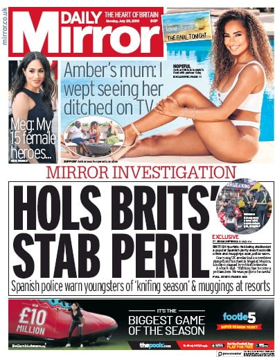 Daily Mirror Newspaper Front Page (UK) for 29 July 2019