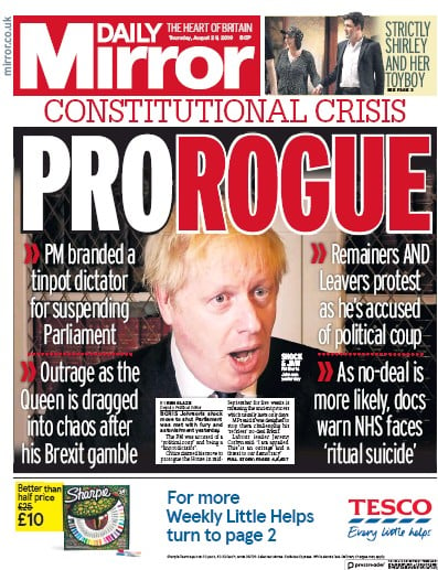 Daily Mirror Newspaper Front Page (UK) for 29 August 2019