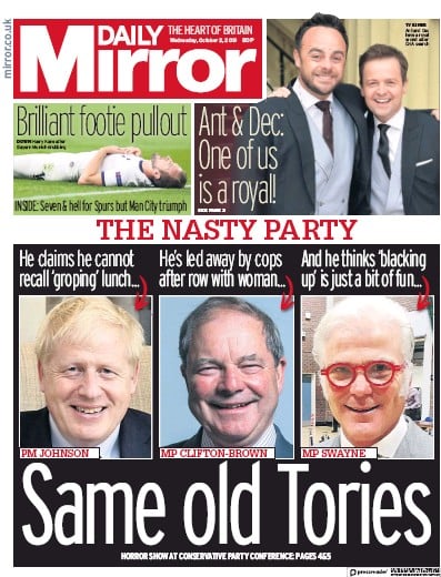 Daily Mirror Newspaper Front Page (UK) for 2 October 2019