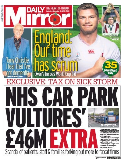 Daily Mirror Newspaper Front Page (UK) for 2 November 2019