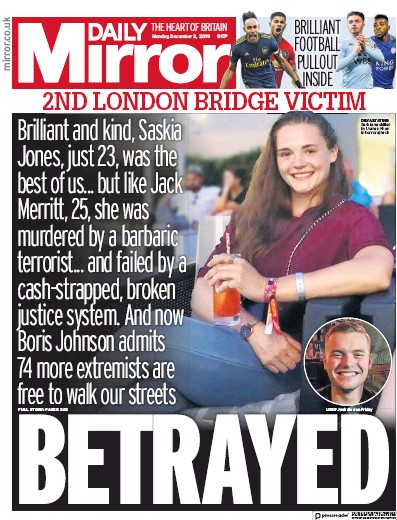 Daily Mirror Newspaper Front Page (UK) for 2 December 2019