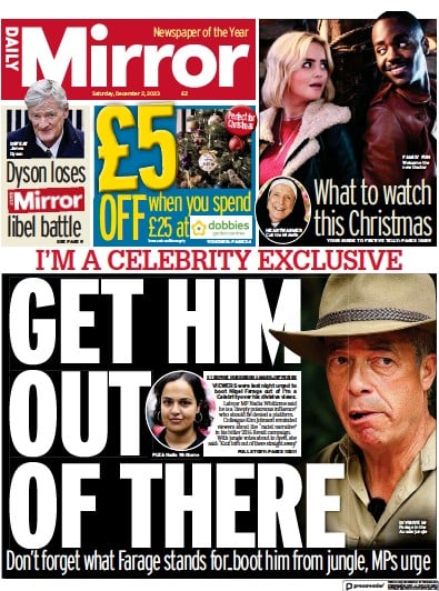 Daily Mirror Newspaper Front Page (UK) for 2 December 2023