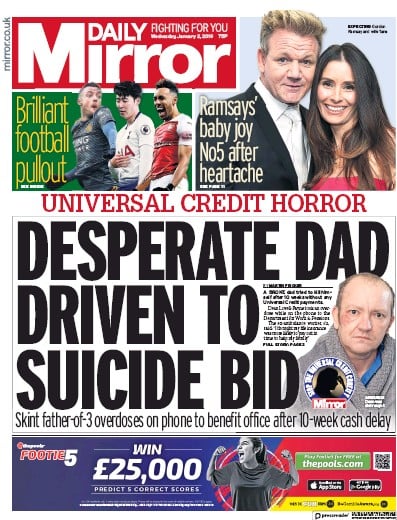 Daily Mirror Newspaper Front Page (UK) for 2 January 2019