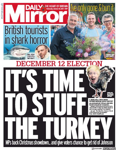 Daily Mirror Newspaper Front Page (UK) for 30 October 2019
