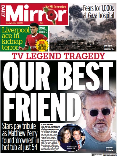 Daily Mirror Newspaper Front Page (UK) for 30 October 2023