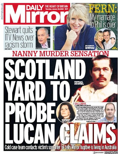 Daily Mirror Newspaper Front Page (UK) for 30 January 2020