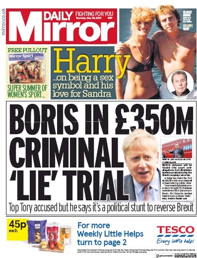 Daily Mirror Newspaper Front Page (UK) for 30 May 2019