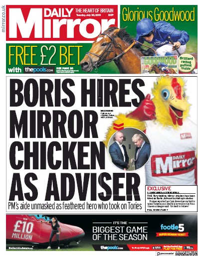 Daily Mirror Newspaper Front Page (UK) for 30 July 2019