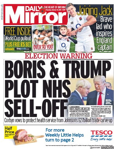 Daily Mirror Newspaper Front Page (UK) for 31 October 2019