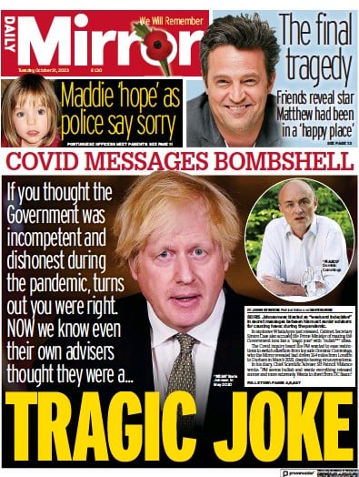 Daily Mirror Newspaper Front Page (UK) for 31 October 2023