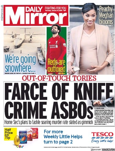 Daily Mirror Newspaper Front Page (UK) for 31 January 2019