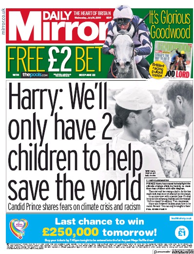 Daily Mirror Newspaper Front Page (UK) for 31 July 2019