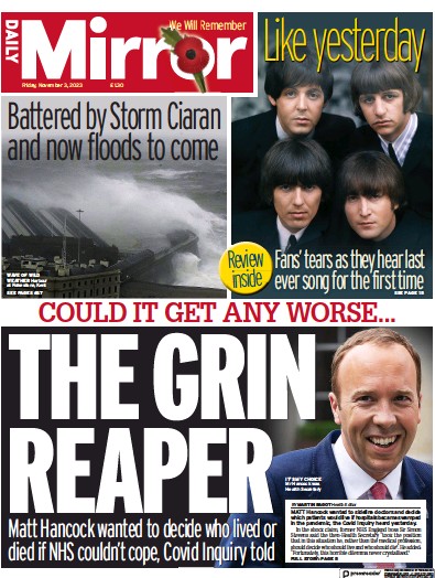 Daily Mirror Newspaper Front Page (UK) for 3 November 2023