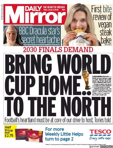 Daily Mirror Newspaper Front Page (UK) for 3 January 2020