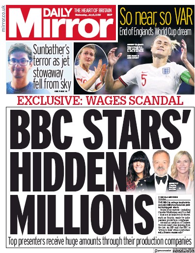 Daily Mirror Newspaper Front Page (UK) for 3 July 2019