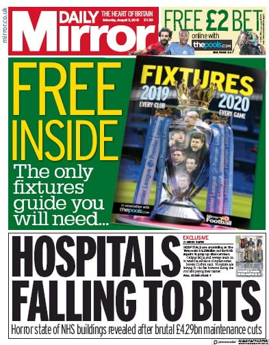 Daily Mirror Newspaper Front Page (UK) for 3 August 2019