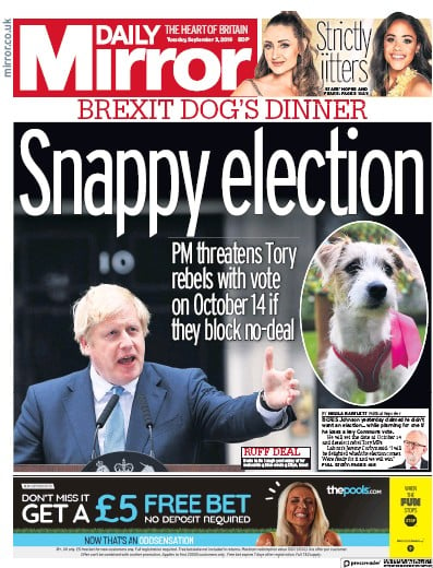 Daily Mirror Newspaper Front Page (UK) for 3 September 2019