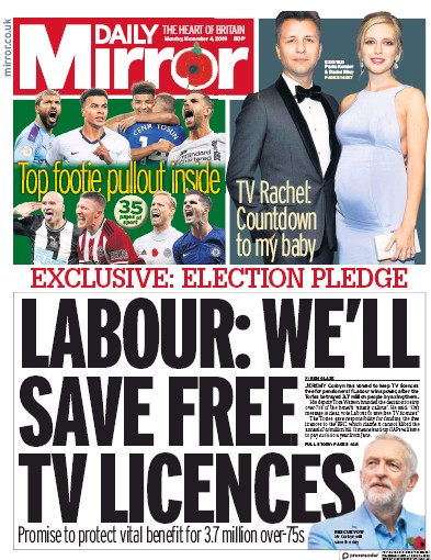Daily Mirror Newspaper Front Page (UK) for 4 November 2019