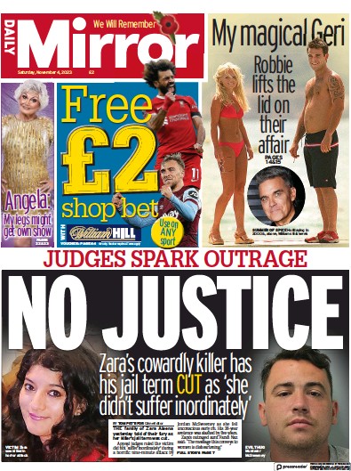 Daily Mirror Newspaper Front Page (UK) for 4 November 2023