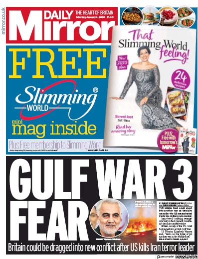 Daily Mirror Newspaper Front Page (UK) for 4 January 2020