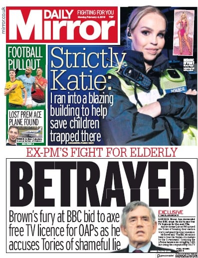 Daily Mirror Newspaper Front Page (UK) for 4 February 2019
