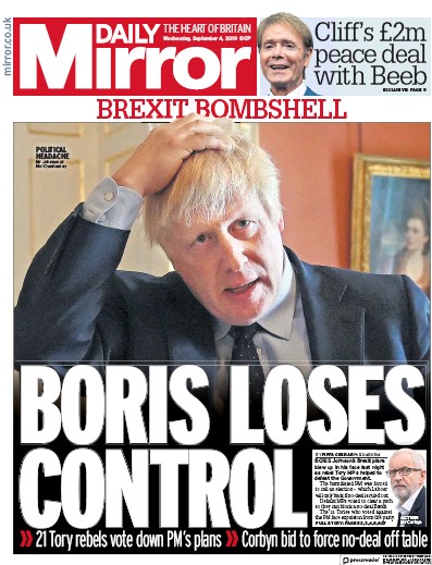 Daily Mirror Newspaper Front Page (UK) for 4 September 2019