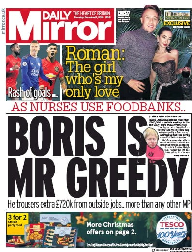 Daily Mirror Newspaper Front Page (UK) for 5 December 2019