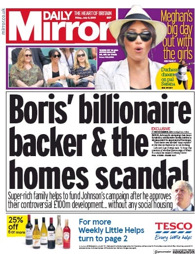Daily Mirror Newspaper Front Page (UK) for 5 July 2019