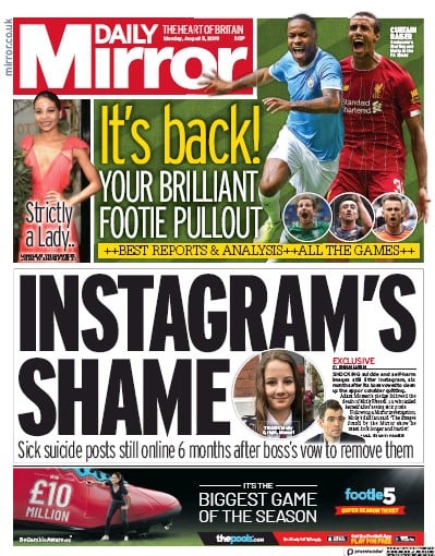 Daily Mirror Newspaper Front Page (UK) for 5 August 2019