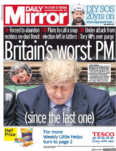 Daily Mirror Newspaper Front Page (UK) for 5 September 2019