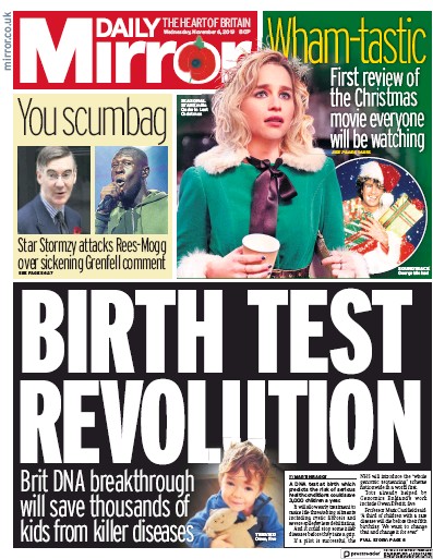 Daily Mirror Newspaper Front Page (UK) for 6 November 2019