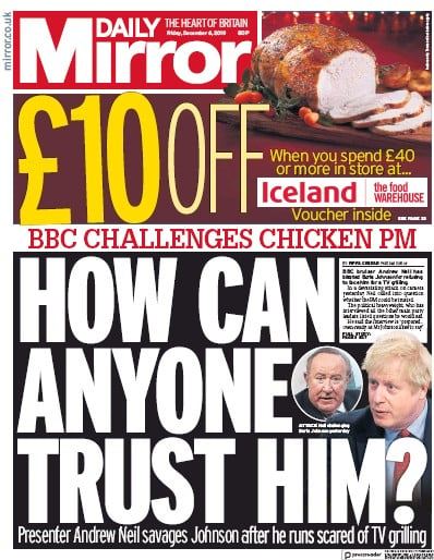 Daily Mirror Newspaper Front Page (UK) for 6 December 2019