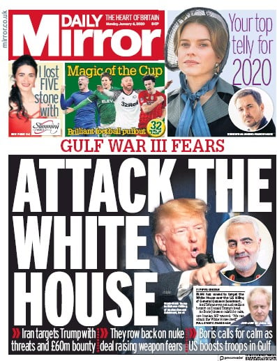 Daily Mirror Newspaper Front Page (UK) for 6 January 2020