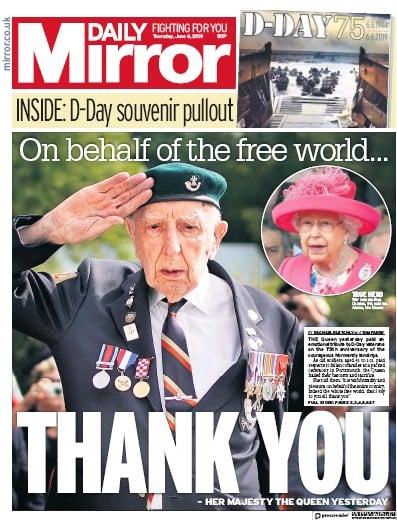 Daily Mirror Newspaper Front Page (UK) for 6 June 2019