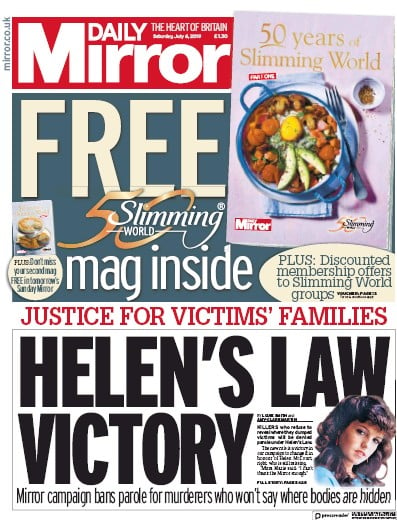 Daily Mirror Newspaper Front Page (UK) for 6 July 2019