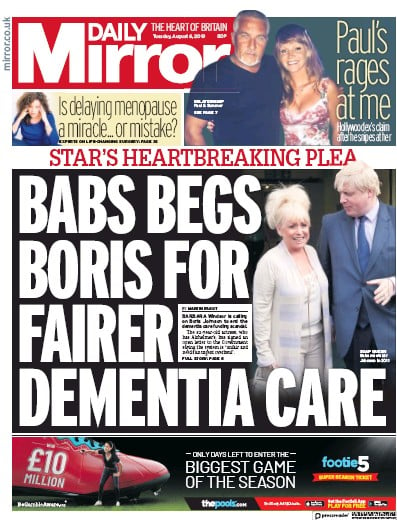 Daily Mirror Newspaper Front Page (UK) for 6 August 2019