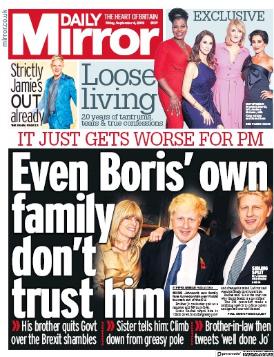 Daily Mirror Newspaper Front Page (UK) for 6 September 2019