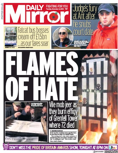 Daily Mirror Newspaper Front Page (UK) for 7 November 2018