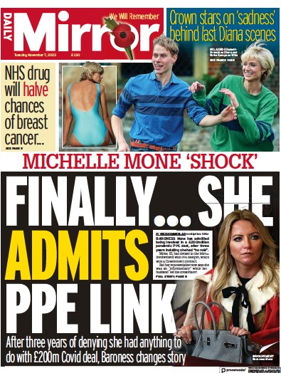 Daily Mirror Newspaper Front Page (UK) for 7 November 2023