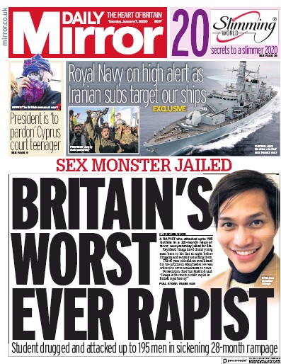 Daily Mirror Newspaper Front Page (UK) for 7 January 2020