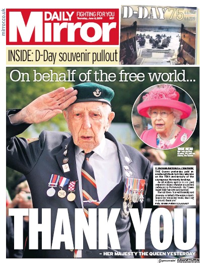Daily Mirror Newspaper Front Page (UK) for 7 June 2019