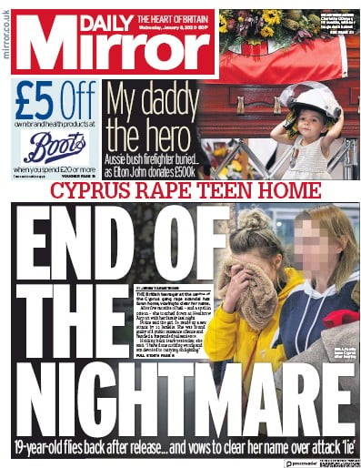 Daily Mirror Newspaper Front Page (UK) for 8 January 2020