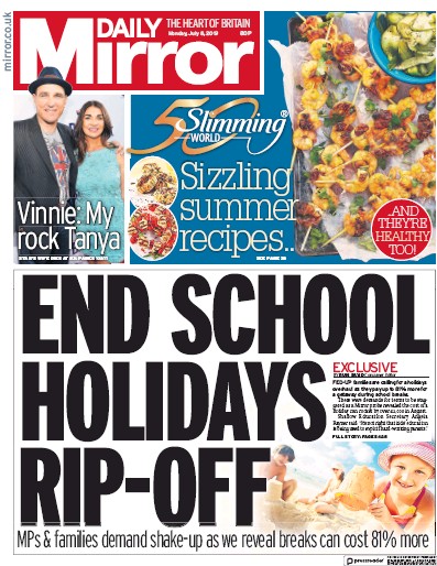 Daily Mirror Newspaper Front Page (UK) for 8 July 2019